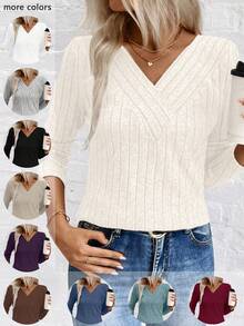 EMERY ROSE Nueva Blusa de Punto con Cuello en V de Terciopelo para Mujer, para Otoño/Invierno, Marca LUNE