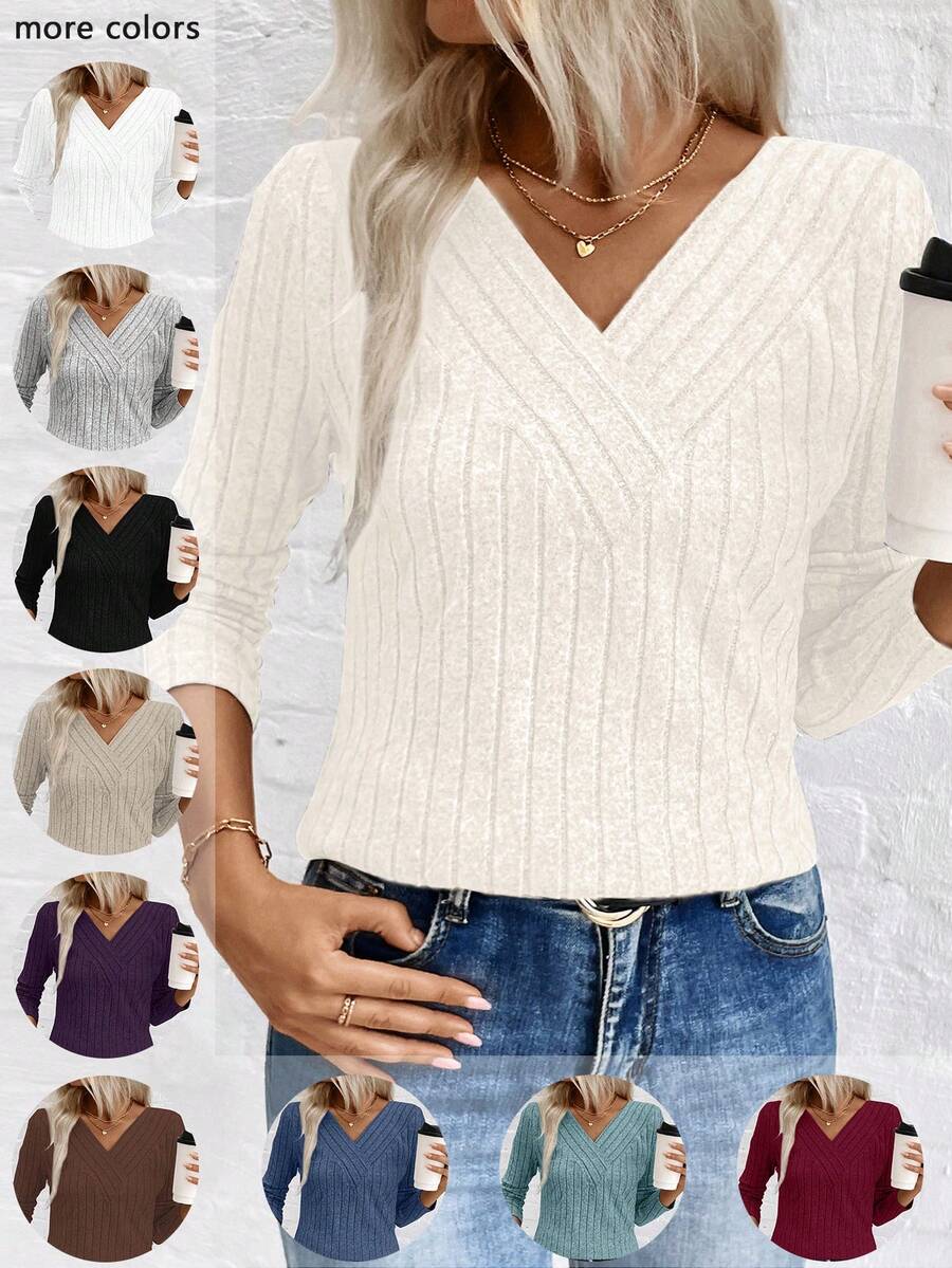 EMERY ROSE Nueva Blusa de Punto con Cuello en V de Terciopelo para Mujer, para Otoño/Invierno, Marca LUNE