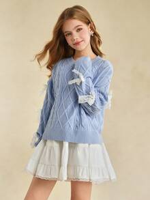 青少年女孩法式时尚风格，浅蓝色3D手工蝴蝶结装饰圆领毛衣，秋冬 - 淺藍色 - 查看 1