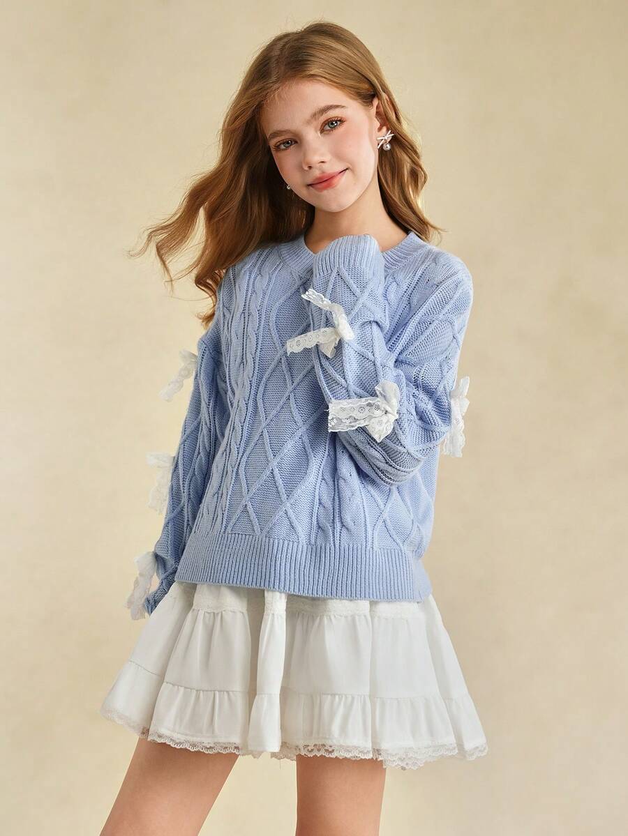 青少年女孩法式时尚风格，浅蓝色3D手工蝴蝶结装饰圆领毛衣，秋冬 - 淺藍色 - 查看 1