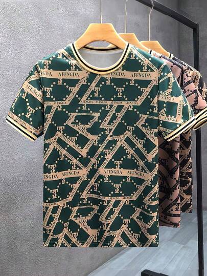 Summer Casual Men's Round Neck Short Sleeve T-Shirt, 3D Letter & Geometric Print Pattern, Outdoor Wear, Daily, & Fashionable