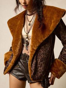 SoleilVie Cappotto invernale elegante da donna con stampa leopardata e collo a bavero, versatile. Cappotto invernale casual da donna in stile retrò con stampa leopardata, collo e polsini in pelliccia. Cappotto retrò con bordi in pelliccia, adatto sia per uscite casual che per l'abbigliamento elegante da ufficio. Questo comodo cappotto in pelliccia con stampa leopardata a patchwork è perfetto sia per le occasioni casual che per quelle formali. Invernale da donna, per il Ringraziamento da donna, bluse eleganti da donna, top con stampa ghepardo, top marrone, cappotto da con stampa leopardata - Castano - Visualizzare 5