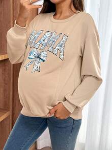 SHEIN Maternity Letter & Bow Print Round Neck Drop Shoulder Long Sleeve Casual Sweatshirt Pregnant Clothes Pregnant Outfits Maternity Tops Pregnancy Shirts Maternity Clothes T-Shirts,Maternity Clothes Maternity Clothes T Shirts