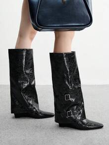 CUCCOO BIZCHIC Women's Fashion Versatile Square Toe Wedge Ankle Boots - Black - View 1