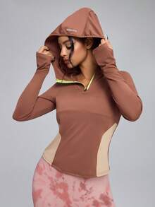 Innovista 女士撞色休闲长袖卫衣棕色运动上衣运动长袖运动衫四分之一拉链女士米色和浅棕色撞色缝线半拉链连帽运动上衣 – 撞色长袖露脐健身衫，带拇指孔和绿色拉链细节 | 吸湿排汗弹力运动卫衣，适合瑜伽、跑步、骑行 - 棕色 - 查看 11