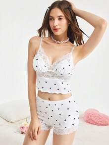 Bonmuse 一套女士心形印花蕾丝边吊带背心和短裤睡衣套装 - 白色 - 查看 6
