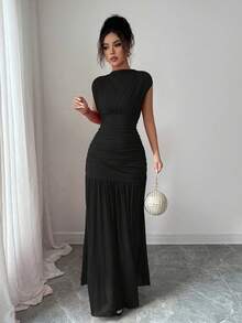 Elenzga 时尚新款纯红色立领无袖性感镂空网眼拼布褶皱 A 字连衣裙，适合毕业派对、节日活动、约会 - 黑色 - 查看 6