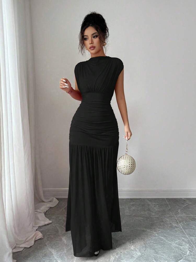 Elenzga Fashionable New Solid Red Stand Collar Sleeveless Sexy Hollow-Out Mesh Patchwork Pleated A-Line Dress, Suitable For Graduation Party, Holiday Events, Date - Black - View 6