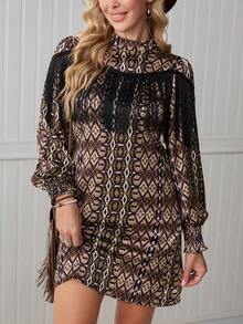 LanaWest Robe décontracté minimaliste de tous les jours pour femmes, nouvelle robe noire à imprimé numérique multicolore avec col mao, col rond, manches longues froncées, coupe évasée, patchwork à franges rétro bohème, pour l'automne/hiver - Noir - Voir 1