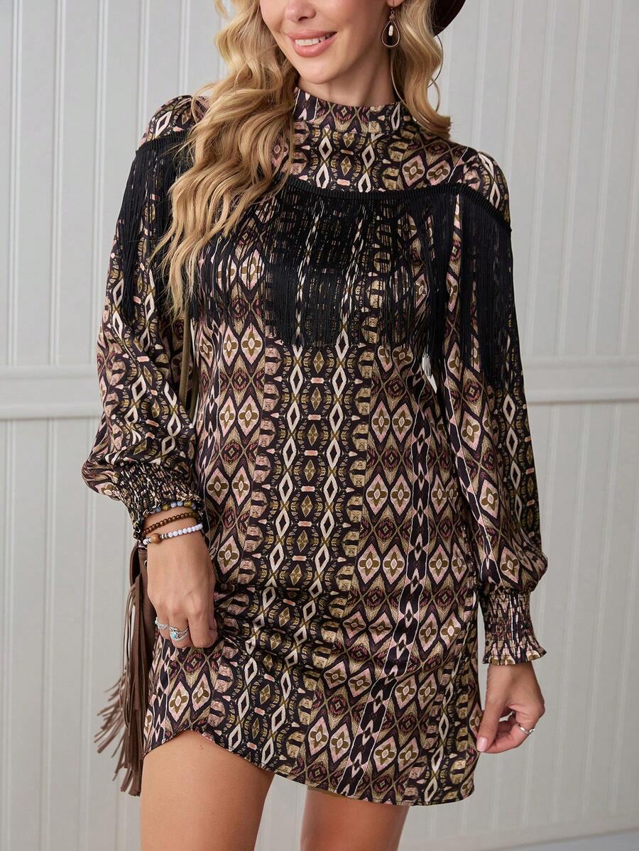 LanaWest Robe décontracté minimaliste de tous les jours pour femmes, nouvelle robe noire à imprimé numérique multicolore avec col mao, col rond, manches longues froncées, coupe évasée, patchwork à franges rétro bohème, pour l'automne/hiver - Noir - Voir 1