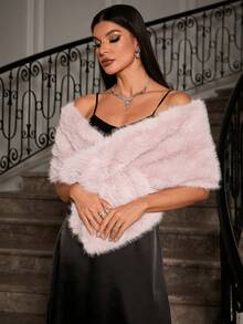 Zolique Áo choàng lông giả Toca màu trơn dành cho nữ, mùa đông, áo choàng lông đỏ lớn dự tiệc trang phục ngày lễ - Màu Hồng baby - Xem 1