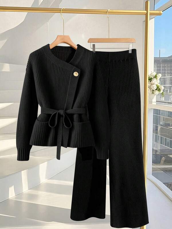 GlowEve New Elegant Pullover With Gold Buttons Women European And American Style Versatile Minimalist Fashion Knitted Top And Knitted Pants