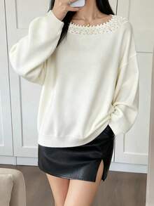 DAZY Women's Solid Color Loose Patchwork Lace Trim Oversized Crew Neck Long Sleeve Elegant Pullover Knit Sweater, Autumn/Winter - Apricot - View 5