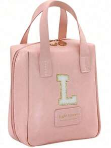 大容量旅行化妆包，带字母大小的化妆品收纳袋，便携式PU皮革防水洗漱包，带隔层和提手，浴室收纳整理，旅行必备，邮轮必备，旅行配件，浴室收纳，珠宝收纳，唇膏收纳，指甲油收纳，复活节礼物，伴娘礼物，母亲节礼物 - 粉色 - 查看 30