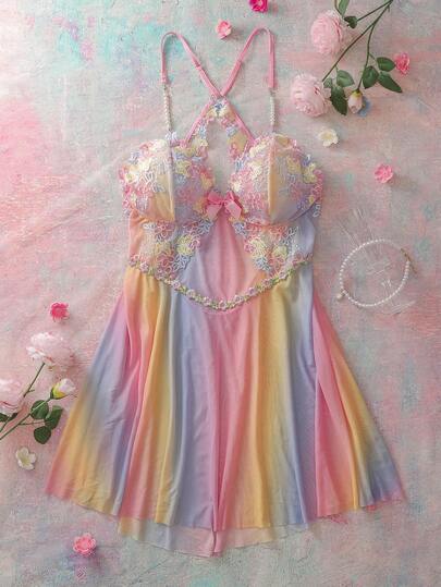 FloralLove Embroidered Rainbow Ombre Print Mesh Backless Plus Size Women Nightgown