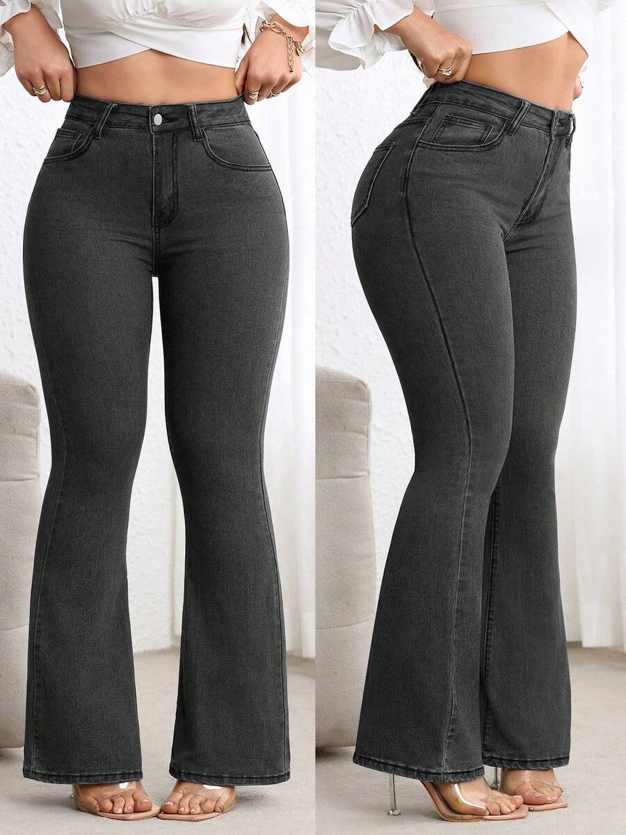 SHEIN CURVE+ 大码女式蓝色牛仔弹力修身性感喇叭裤,牛仔/竞技风格 - 深灰色 - 查看 1
