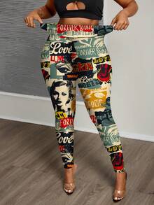 Slaydiva Plus Size Vintage Poster Print Leggings, Suitable For Autumn/Winter - Multicolor - View 3