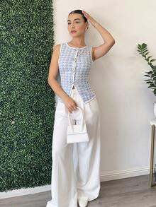 Andrea Bello 1件女式千鸟格纹单排扣复古针织背心