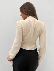 Siren Gaze Women's Solid Color Mandarin Collar Metal Button Decor Office Shirt, Slim Fit Long Sleeve Blouse For Everyday Wear Winter Elegant Spring