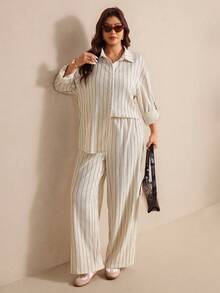 Elaquor Plus Size Casual Minimalist Basic Striped 2 Pieces Set, Loose Fit - Apricot - View 5