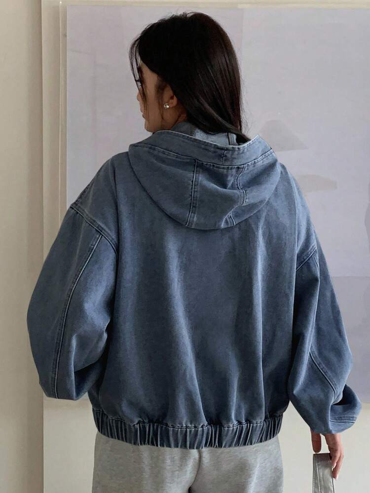 Dazy Plus Plus Size Women Light Wash Denim Jacket, Hooded Zip-Up Loose Lantern Sleeve Hem Drawstring Casual Outerwear