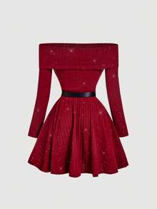 SHEIN MOD Abito mini rosso vino lucido con spalle scoperte e cintura - Bordò - Visualizzare 2