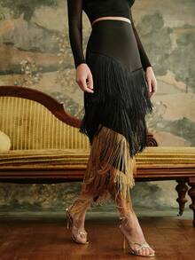 Anewsta تنورة حفلات أنيقة وجذابة ذات خصر عالي بتصميم كتل اللون الأسود والذهبي مع حاشية شراشيب، مناسبة لحفلات عيد الميلاد والسنة الجديدة والحفلات والخريف والشتاء والصيف - الأسود - مشاهدة 1