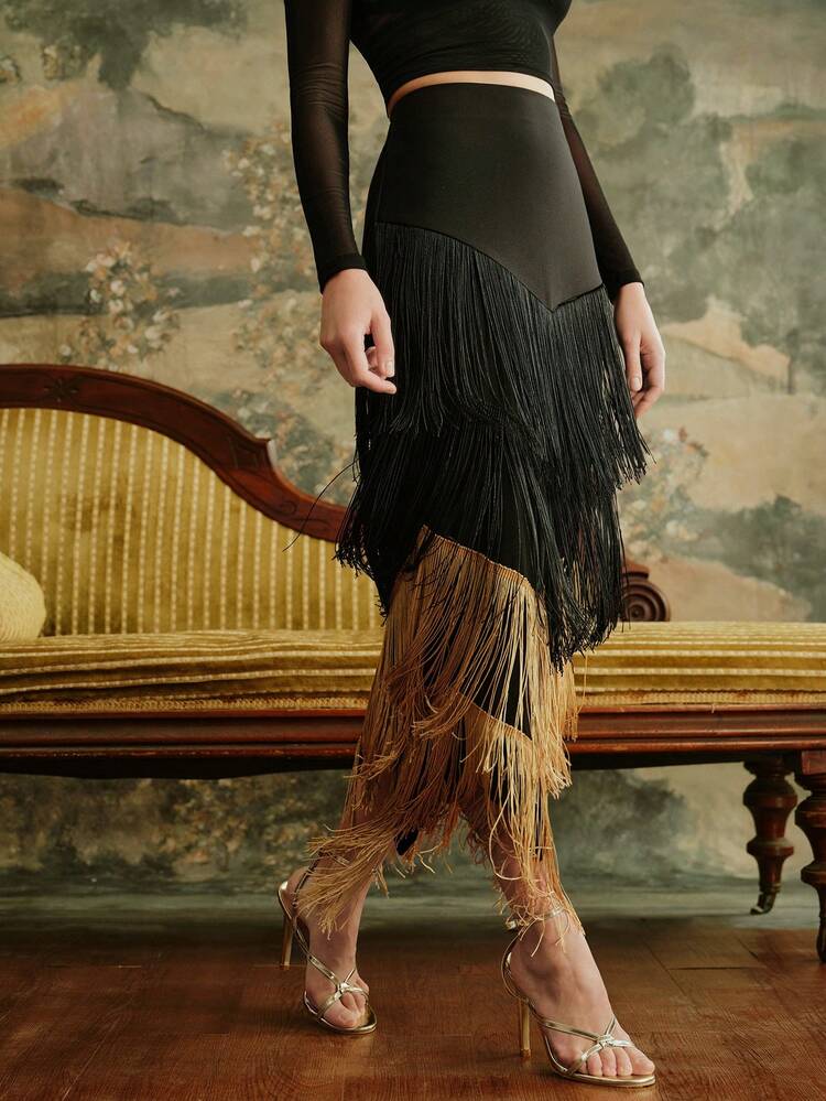 Anewsta Elegant Sexy Fitted High Waist Black & Gold Color Block Fringe Hem Party Skirt, Suitable For Christmas, New Year, Party, Fall, Winter, Summer