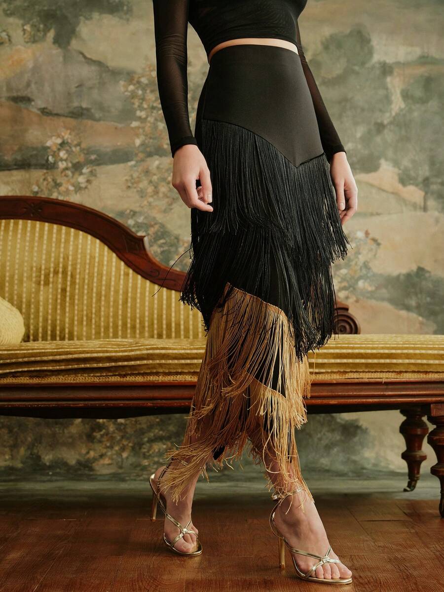 Anewsta تنورة حفلات أنيقة وجذابة ذات خصر عالي بتصميم كتل اللون الأسود والذهبي مع حاشية شراشيب، مناسبة لحفلات عيد الميلاد والسنة الجديدة والحفلات والخريف والشتاء والصيف - الأسود - مشاهدة 1