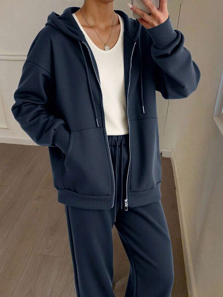 2pcs Women Autumn/Winter Thermal Lined Zip-Up Hoodie And Drawstring Pants Set Lounge Sets For Women