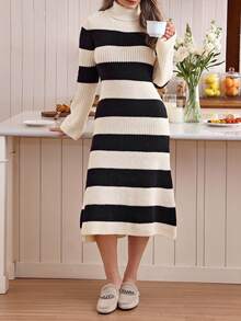 Louniche Damen Vintage Midi Pulloverkleid mit hohem Kragen, Farbblock, gestreifter Taille und weitem Ärmel - Aprikosenfarben - Übersicht 4