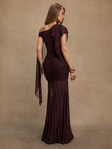 SHEIN BAE Women's Asymmetrical Shoulder Ruffle Collar Ruched Extra Long Dress, Suitable For Cocktail Party, Romantic Date, Autumn/Winter Layering Dress, Party, Formal Gathering, Halloween Dress, Christmas Dress