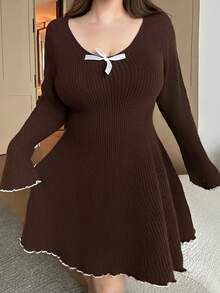 Flirla Plus Size Autumn/Winter New V-Neck Fitted Dress With Contrast Trim And Bow Decor, Coffee Color - Coffee Brown - View 1