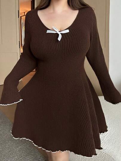Flirla Plus Size Autumn/Winter New V-Neck Fitted Dress With Contrast Trim And Bow Decor, Coffee Color
