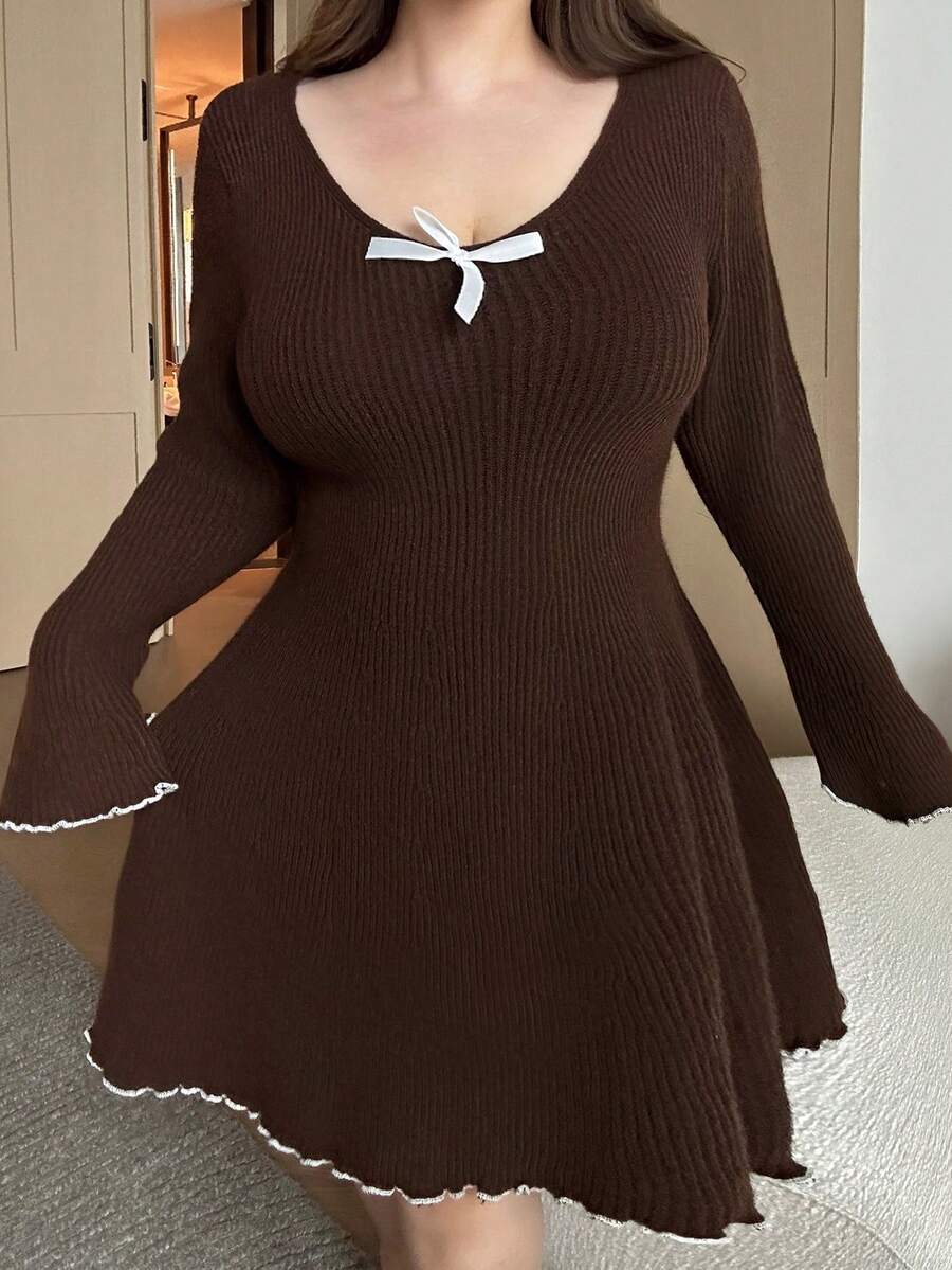 Flirla Plus Size Autumn/Winter New V-Neck Fitted Dress With Contrast Trim And Bow Decor, Coffee Color - Coffee Brown - View 1