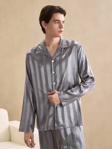 EverLounge Conjunto de ropa de estar en casa de seda sintética jacquard para hombre, ropa de invierno - Gris - Ver 4