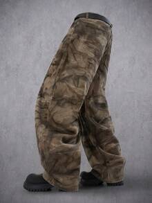 Manfinity Denimwave Men's Tie-Dye Pocket Loose Fit Casual Flare Leg Jeans Loose Wide Leg COUPLE Regular Washed Camouflage Thrashed Denim For Y2K - Coffee Brown - View 2