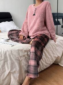 SHEIN Cozy Cute Long Sleeve Top & Plaid Pants Fluffy Pajama Set, Autumn/Winter - Dusty Pink - View 4