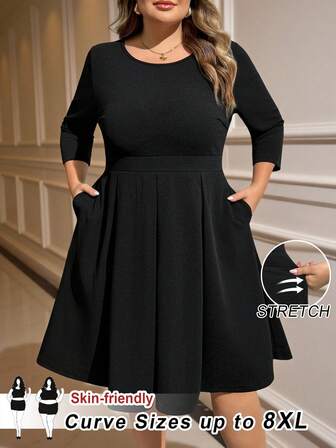 SHEIN CURVE+ Plusstorlek enfärgad svart klänning med åtsittande midja för eleganta kontorsfester på vår, sommar, höst och vinter, nyårsklänning för kvinnor