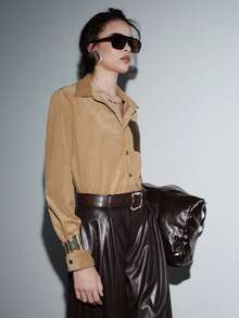SHEIN LUNE Women's Fashion Corduroy Patchwork Leather Pocket Shirt - Khaki - View 5
