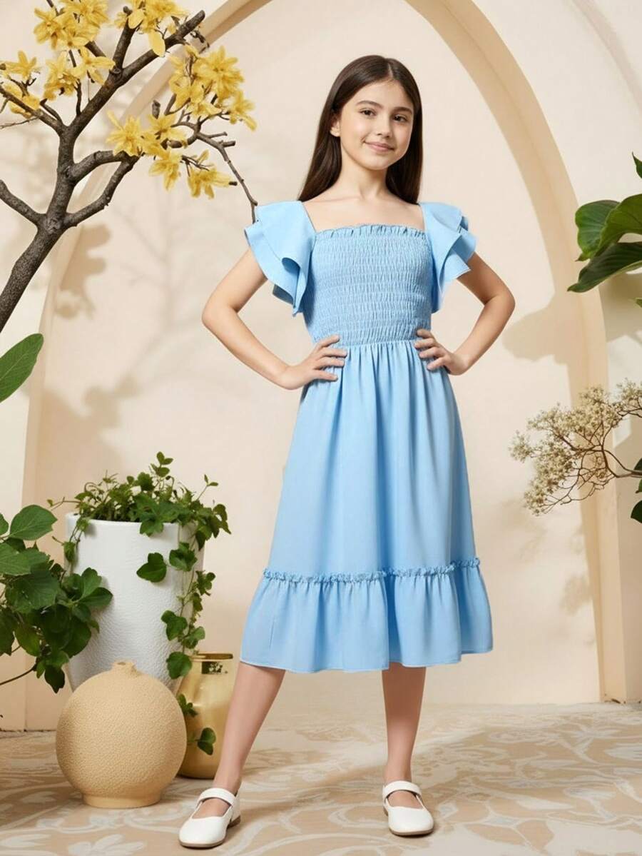 青少年女孩上身打攬荷葉邊連衣裙 - 淺藍色 - 查看 1