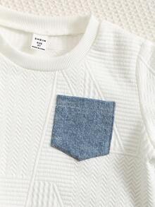 2pcs/Set Young Boy Cute White Sweatshirt & Blue Denim Joggers Tracksuit, Suitable For Indoor, Outdoor, Daily, Sports, Play, Party, Photo Shoot, Holiday, All Seasons Boy Jeans Sets Kids Long Sleeve Sets Kids Denim Sets Little Boy Two Piece Set