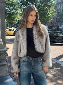SHEIN EZwear 秋冬季女士简约休闲浅灰色长袖蓬松开衫 - 淺灰色 - 查看 6