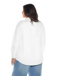 Solavibe Plus Size Women's Equestrian Print Long Sleeve Single-Breasted White Shirt, Spring/Summer, - White - View 4