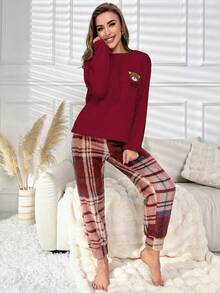 SHEIN Women's Cartoon Bear Embroidery Crew Neck Long Sleeve Top And Patch Fleece Pants Fluffy Pajama Set Plaid Pants Cute Lounge Set Cozy Sets Women Teddy Bear Fluffy Pajama Set Burgundy Fluffy Pajama Set, Winter Clothes, Christmas - Red - View 6