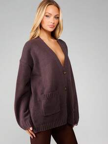 MISSGUIDED Áo khoác cardigan dệt kim cổ chữ V cài nút phía trước cỡ lớn có viền gân dày và túi phía trước - Cà phê nâu - Xem 2
