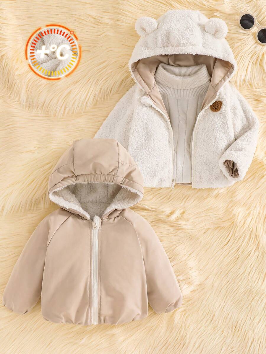 SHEIN 男婴双面连帽加厚羽绒服，保暖内衬，冬季保暖柔软舒适，休闲日常百搭，适合室内、室外、滑雪、日常穿着、运动、玩耍、聚会、秋冬季节度假穿着。双面婴儿外套，小熊图案。