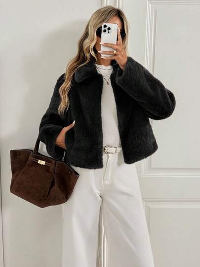 Easowa Chaqueta corta de mujer de unicolor con cuello vuelto y bolsillo, de piel sintética, para invierno