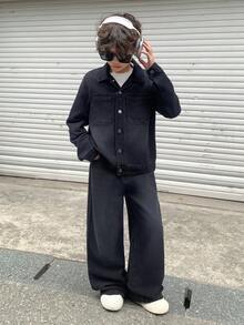 SHEIN 两件套青少年男童时尚休闲Y2K复古酷炫街头返校学院风两件套，包括黑色牛仔翻领长袖外套和简约舒适宽松牛仔裤，适合青少年男童日常穿着，柔软舒适，也适合儿童秋冬季参加锐舞派对、节日活动和街头服饰。 - 黑色 - 查看 7