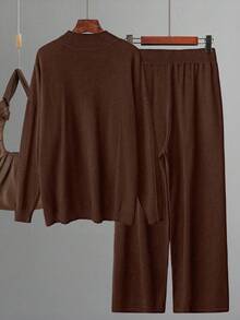 Linhara Conjunto de suéter de punto casual de ajuste holgado con cuello redondo de unicolor talla grande - Café integral - Ver 2